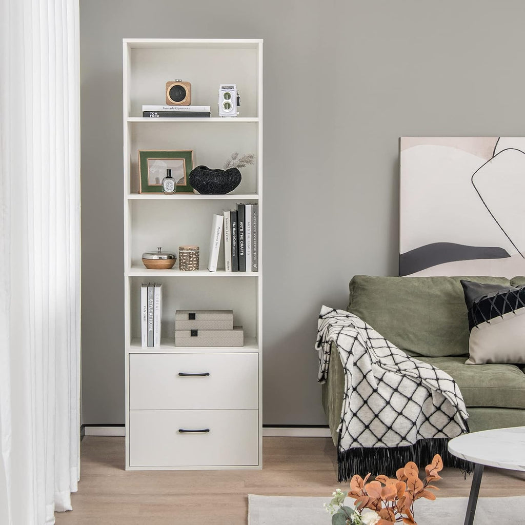 LOKO 74 Inches Tall Bookcase, 6-Tier Modern Tall Storage Cabinet with 2 Drawers & 4 Open Shelves, Freestanding Wooden Bookshelf with Anti-toppling Devices for Living Room, Study, Home Office (White)