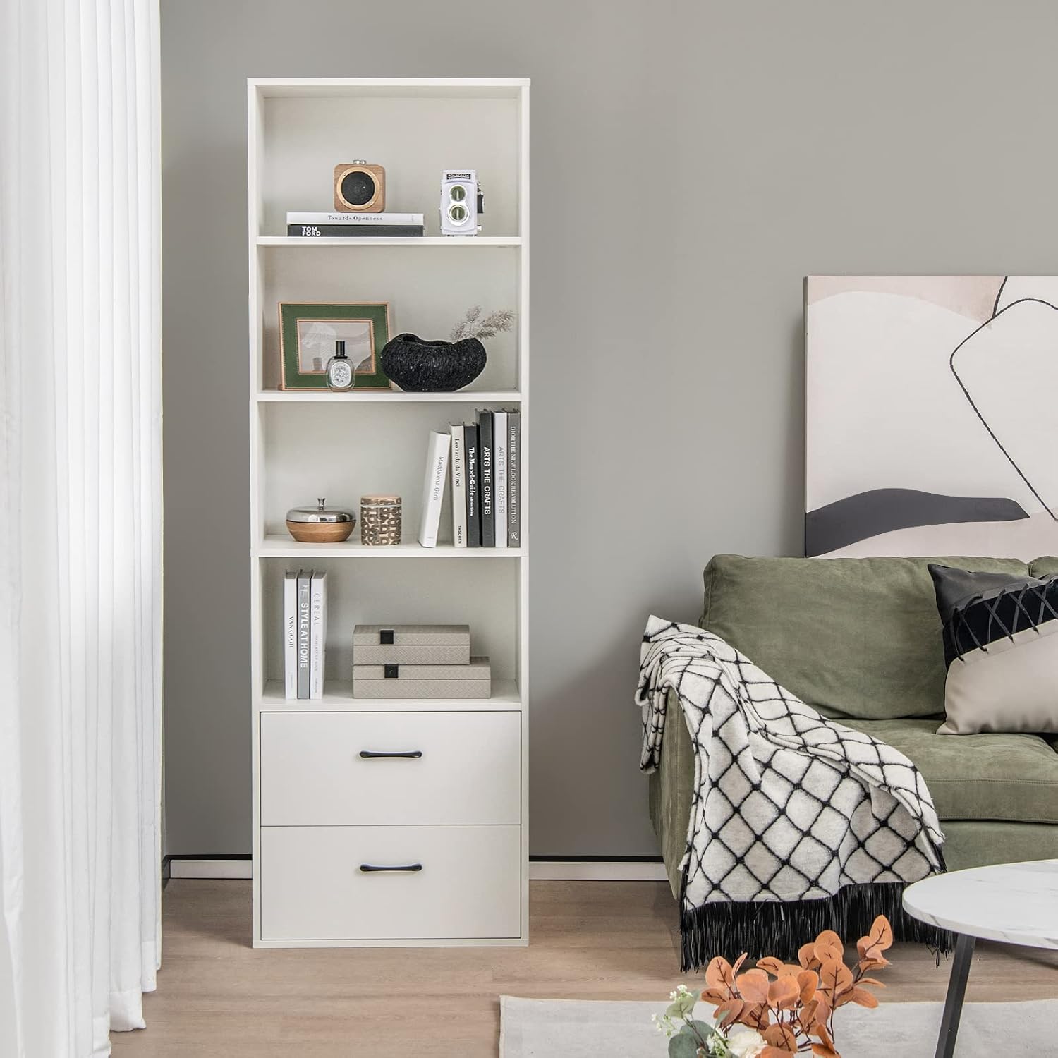 LOKO 74 Inches Tall Bookcase, 6-Tier Modern Tall Storage Cabinet with 2 Drawers & 4 Open Shelves, Freestanding Wooden Bookshelf with Anti-toppling Devices for Living Room, Study, Home Office (White)