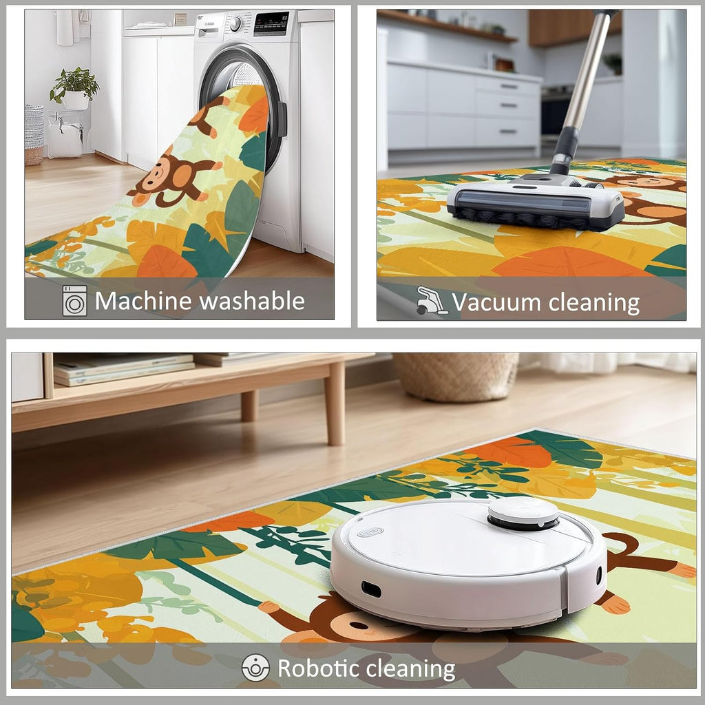 Cartoon Plants Leaves Monkey Print Area Rug 5 x 7 ft Washable, Orange Non-Slip Floor Mat - Soft Low-Plie Faux Wool Carpet for Bedroom Living Room Kitchen Entryway Pet Friendly Rug