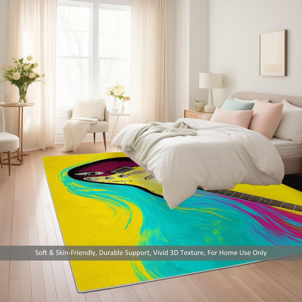 Area Rug 6 x 9 ft for Living Room, Oil Painting Style Washable Non-Slip Rug - Abstract Guitar Liquid Stripes Low-Pile Print Carpet for Bedroom Dinning Room Entrance Farmhouse Indoor Home Decor