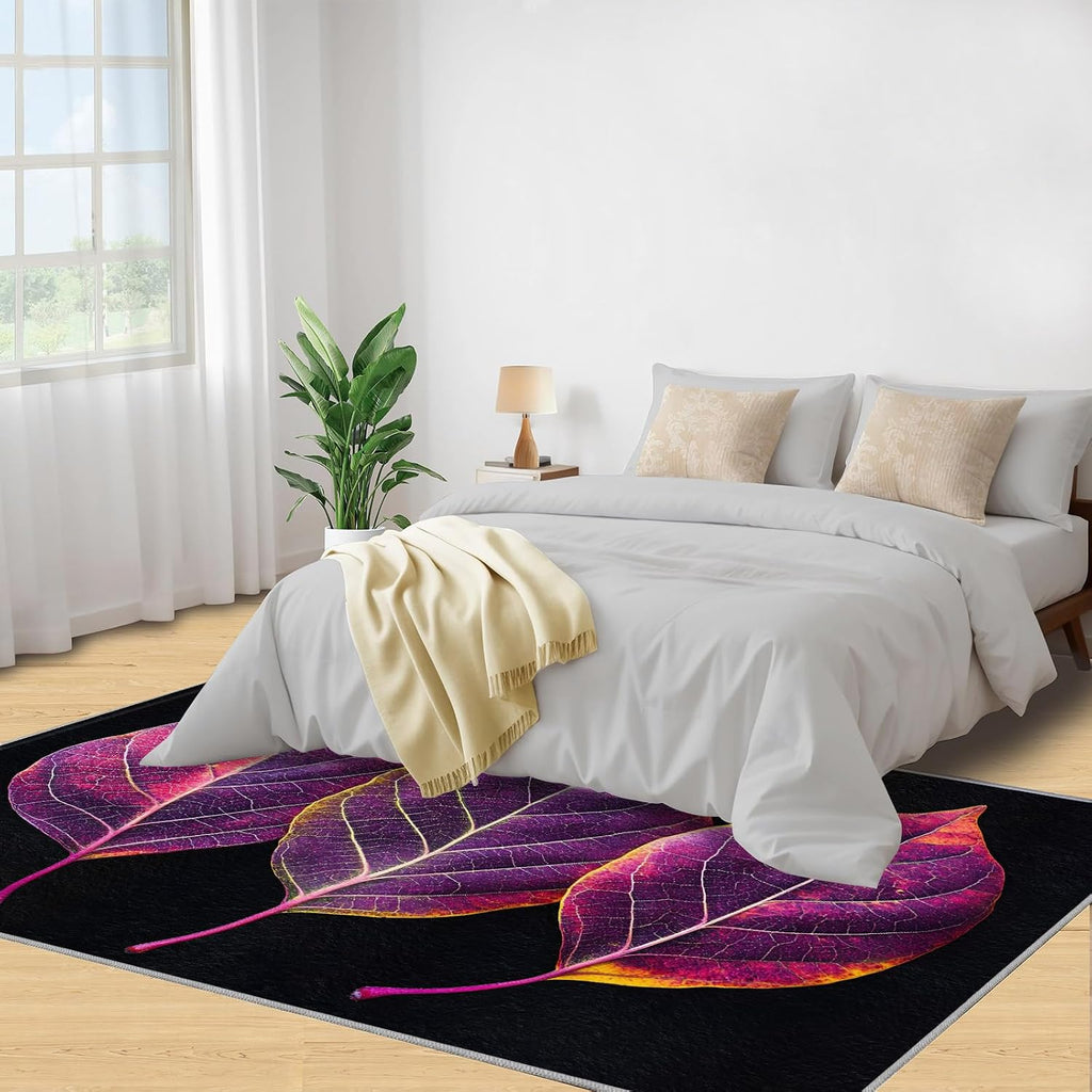 Purple Leaves Rugs for Bedroom - 6x8 Rug, Leaf Area Rugs for Living Room, Botanical Carpet, Plant Washable Mat, Leaf Home Decor & Gifts