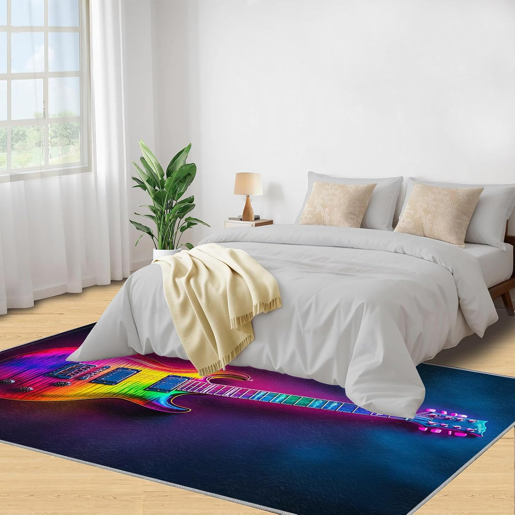 Guitar Rug 6x8, Neon Guitar Rugs for Bedroom, Music Rugs for Living Room, Washable Area Rug for Boys Girls Room, Non Slip & Low Pile Carpet