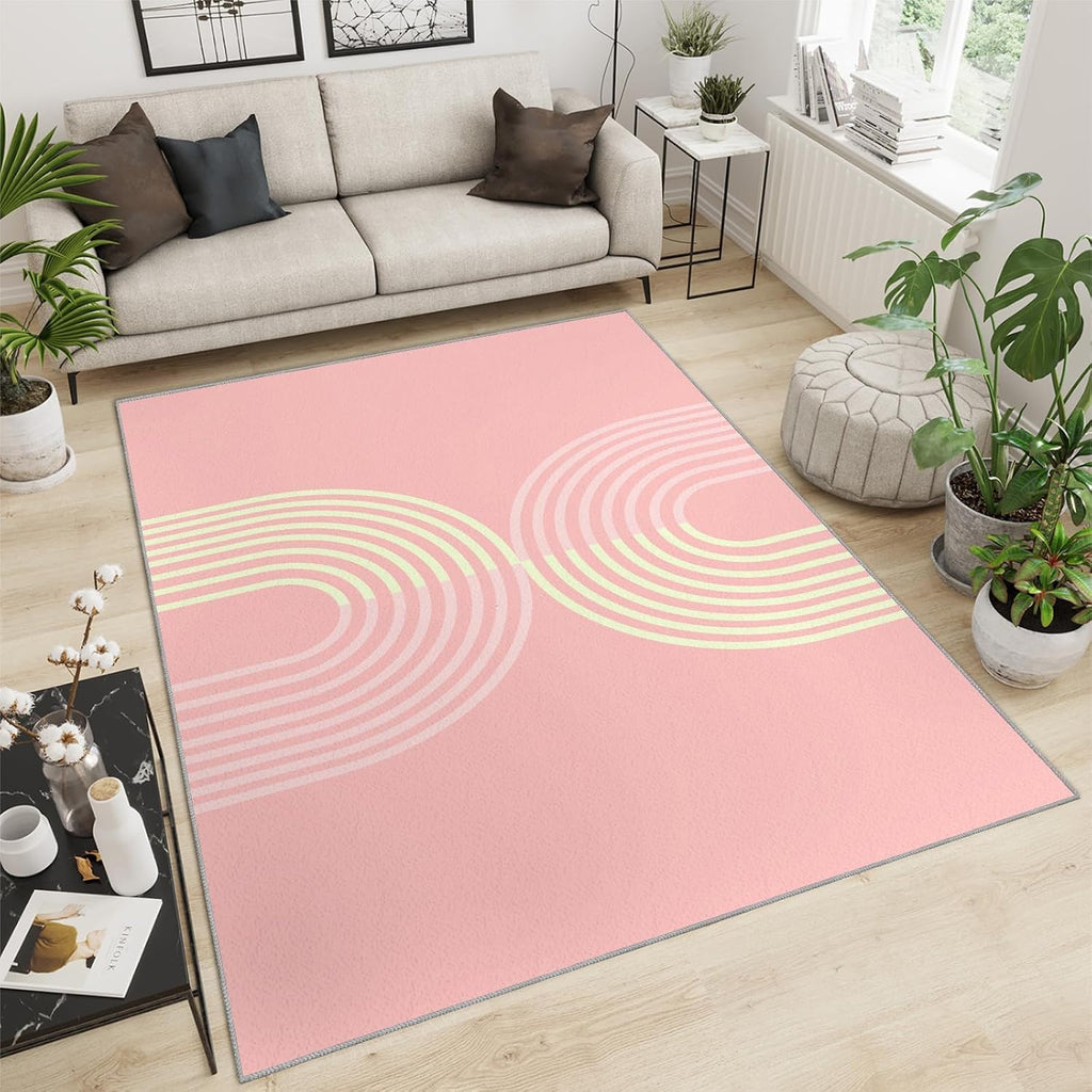 6x8 Rug Medieval Pink Lines Soft Washable Carpet, Geometric Arched Lines Upholstery Rug with Non-Slip Backing for Kids Boys Girls Bedroom Living Room Dining Room Study