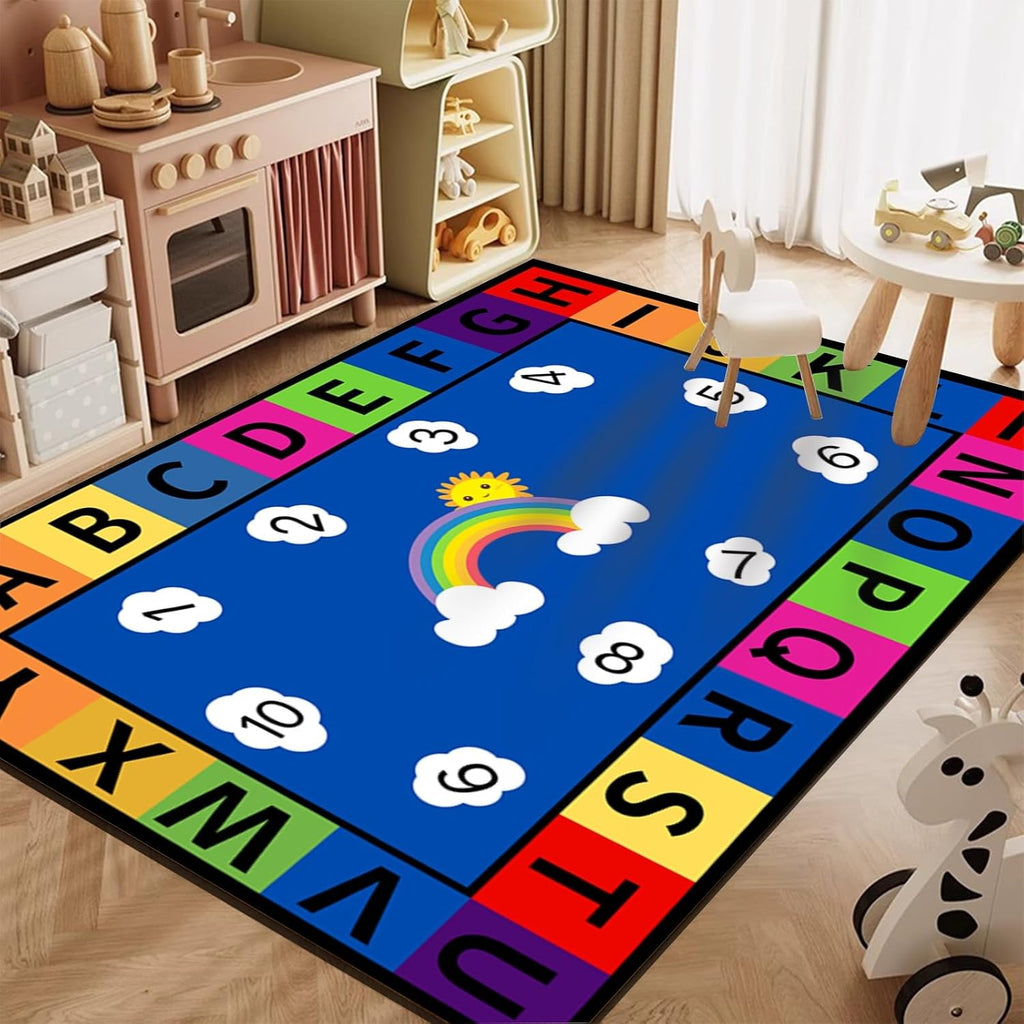 English Letter Print Living Room Rugs, 6x8ft, Cute Cloud Rainbow Digital Early Education Carpet, Children's Educational Learning Non-Slip Carpets, Thin Durable Mat for Girls Boys