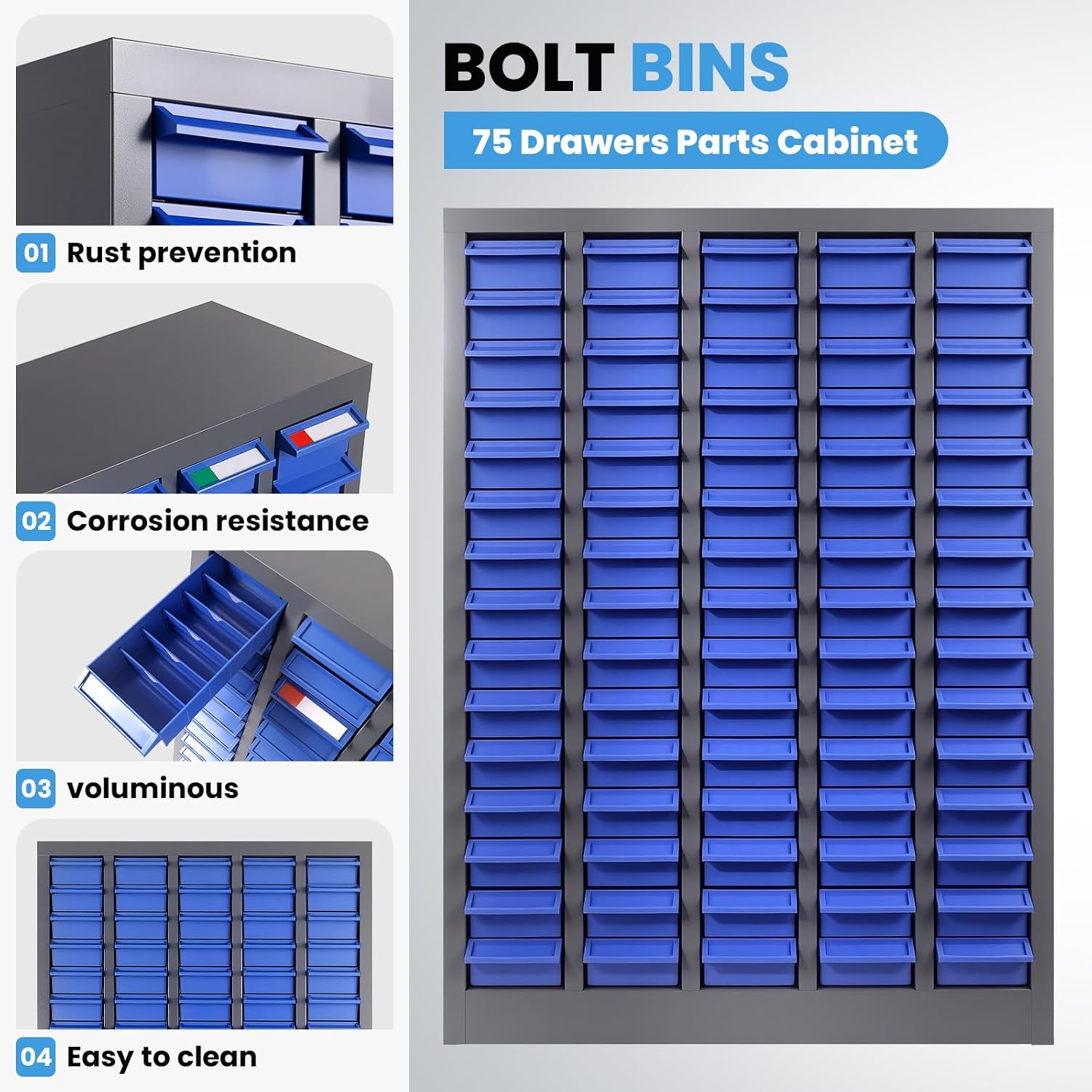 75 Drawer Parts Cabinet 26'X 9'X 36', Multi-Purpose Nut and Bolt Organizer with ABS Drawers, High Capacity Tool Storage Bolt Bin with Dividers and Labels for Workshop & Home Garage