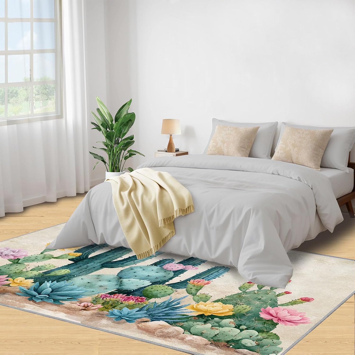 Cactus Rugs for Bedroom, Botanical Rug 6x8, Desert Cactus Dining Room Rugs Washable & Non Slip Large Carpet for Home Decor