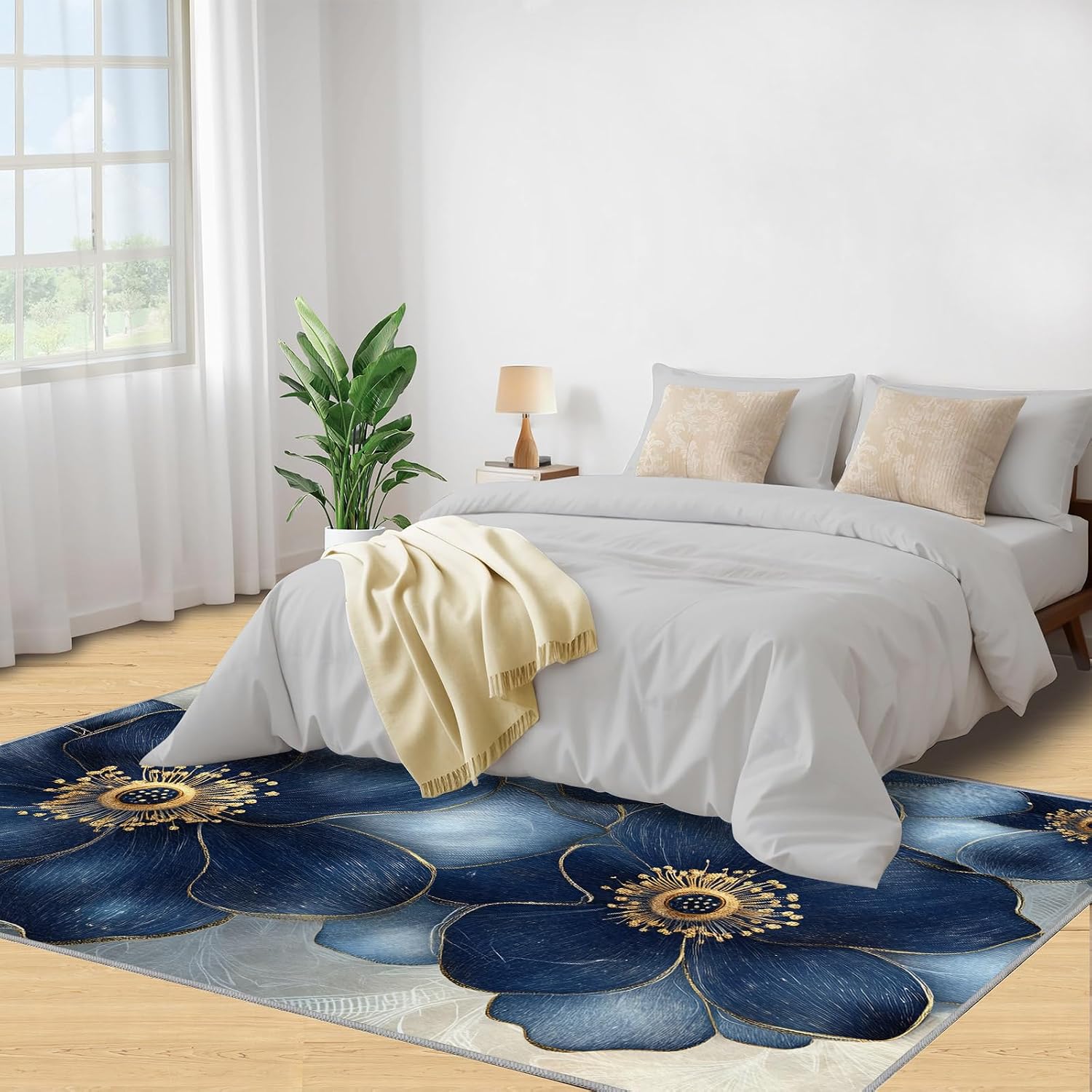 Deep Blue Florals Area Rug 6x8 - Noble Florals Large Rugs for Living Room, Elegant Flowers Carpet Area Rug for Girls Bedroom Kids Room Basement Office Classroom