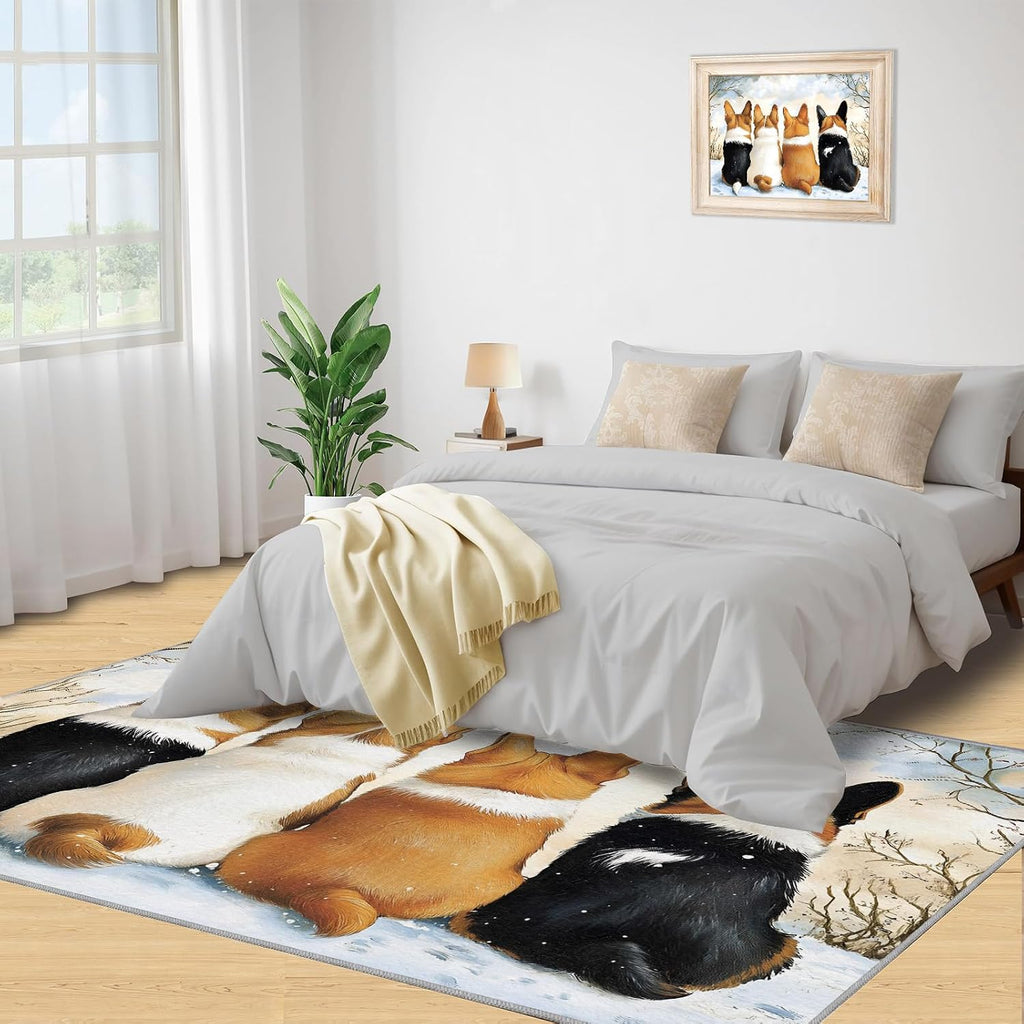 Dog Print Rugs for Living Room, Corgi Puppy Rug, Animal Prints Washable Rugs for Bedroom, Low Pile & Non Slip, Indoor Carpet, 6x8 Area Rug & Home Decor