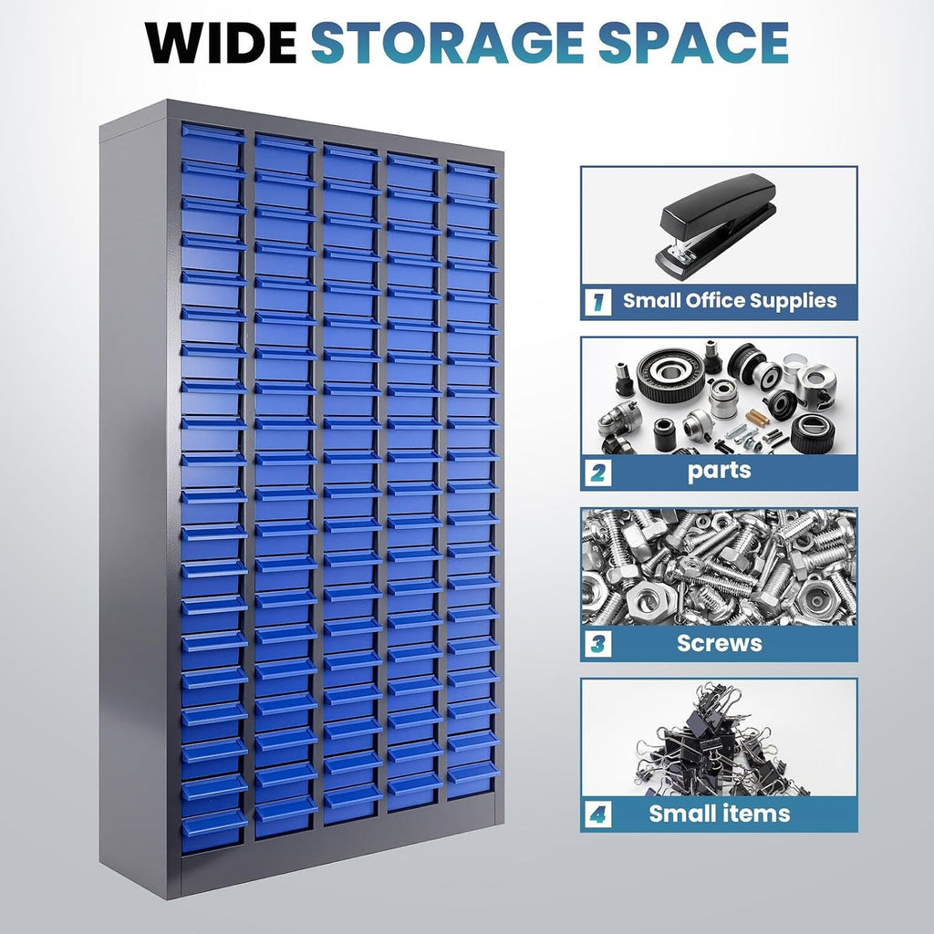 Parts Organizer Cabinet: 920LB Capacity Nut and Bolt Organizer with Label System, Non-Slip Base Heavy-Duty Bolt Bin for Garage, Workshop or Office Tool Storage, 26x9x46 Inch (100 Drawers)