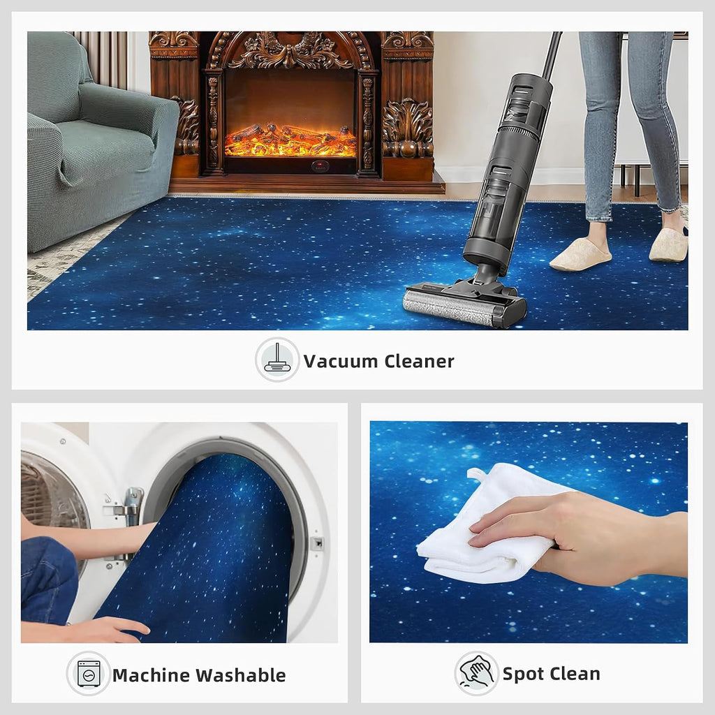 Blue Starry Sky Area Rug - Large Rug 6x8 - Stars Rugs for Living Room - Soft & Non Slip & Washable Rugs for Bedroom, Nebula Carpets for Dining Room Lounge Girls Room