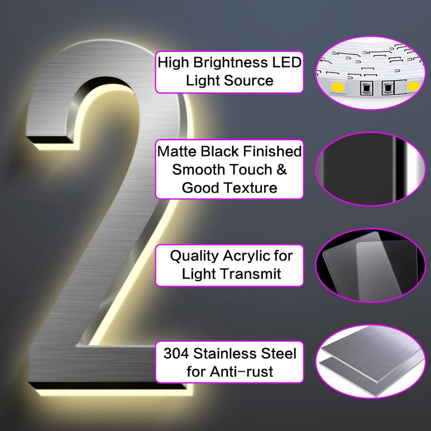Backlit Illuminated LED Home Address Plaque For Outside 40CM Illuminated House Numbers Plaque Lighted Address Sign Plaque For House Wall Gate,U
