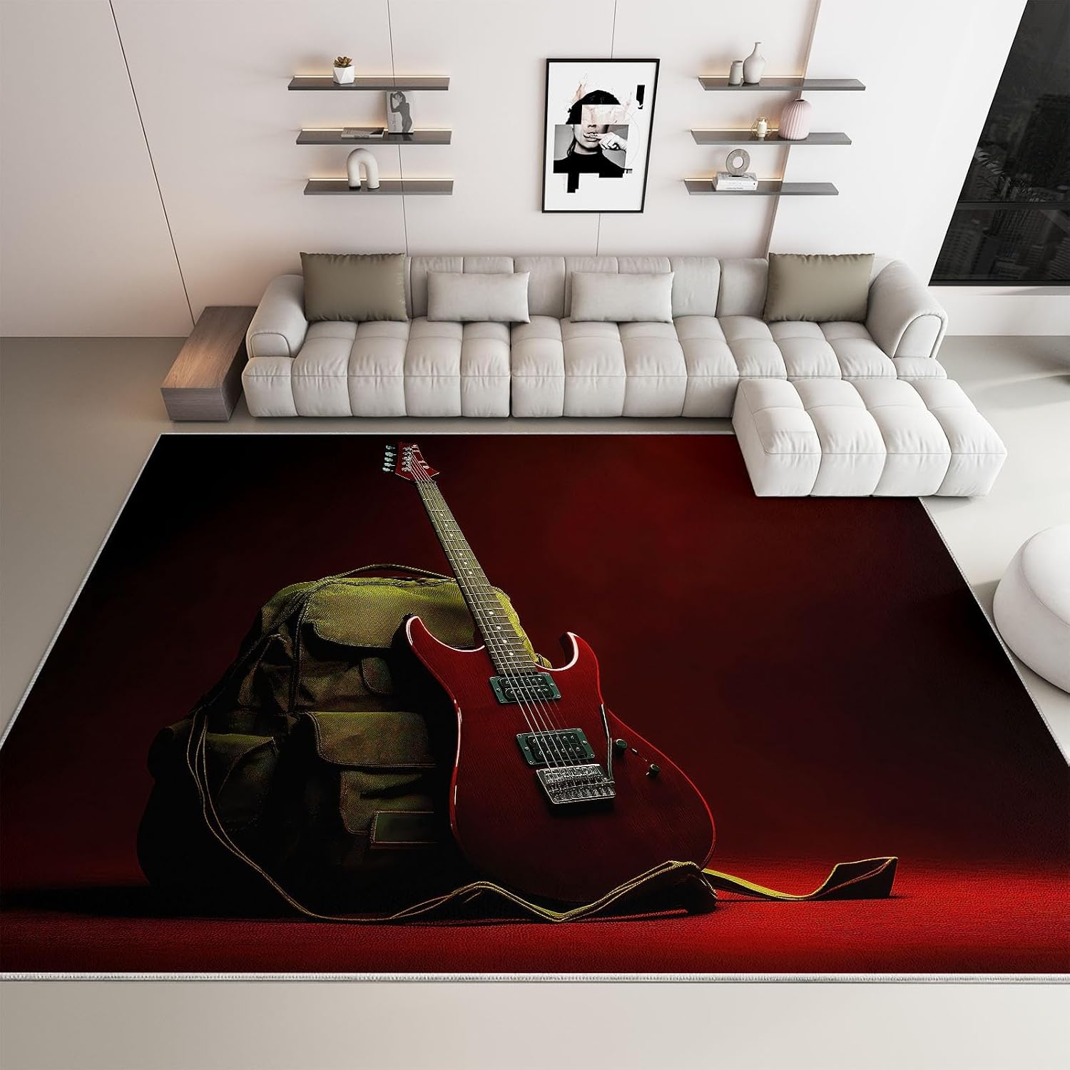 Hyperrealistic 7 x 8 ft Area Rug Low Pile, Bass Guitar Bag Living Room Rug Red Washable Carpet for Nursey Entryway Bedroom Dining Room Dorm Office Floormat