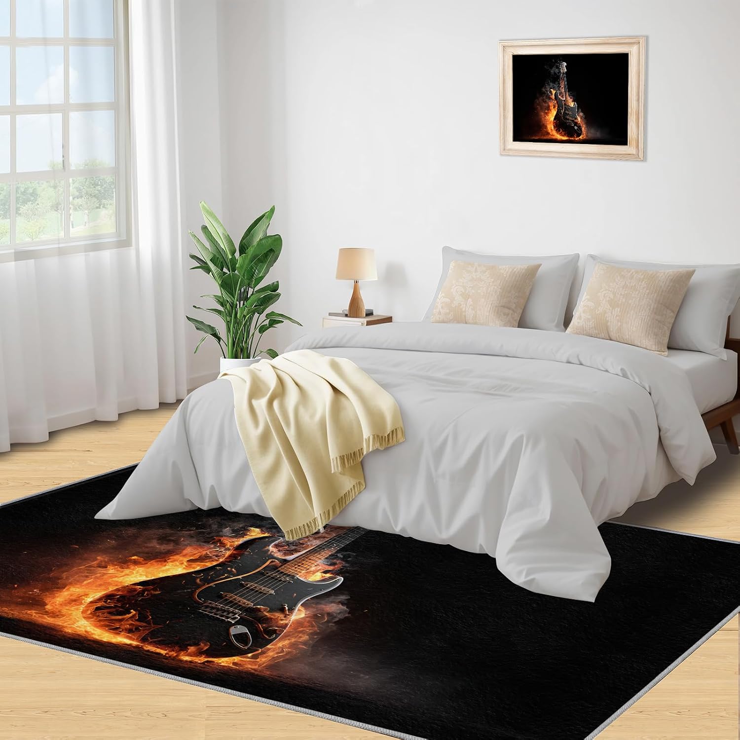 Guitar Rugs for Music Room - Boys Musical Rug, 6x8 Rug, Music Washable Rugs for Living Room Bedroom, Burning Instruments Area Rug, Rock and Roll Carpet - Home Decor, Electric Guitars Gifts for Men