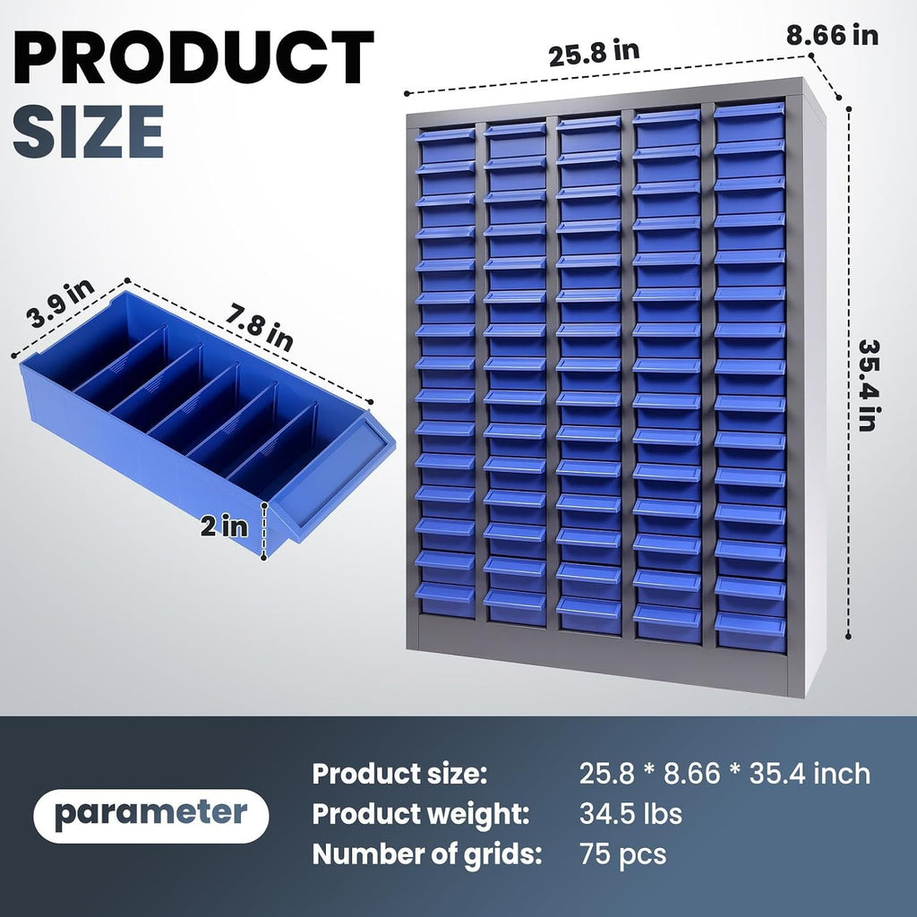 75 Drawers Parts Cabinet, (25.8'×8.66'×35.4') Nut and Bolt Organizer with Adjustable Dividers, Cold-Rolled Steel Frame & ABS Drawers, Label Slots, Tool Cabinet for Workshop, Garage, Office