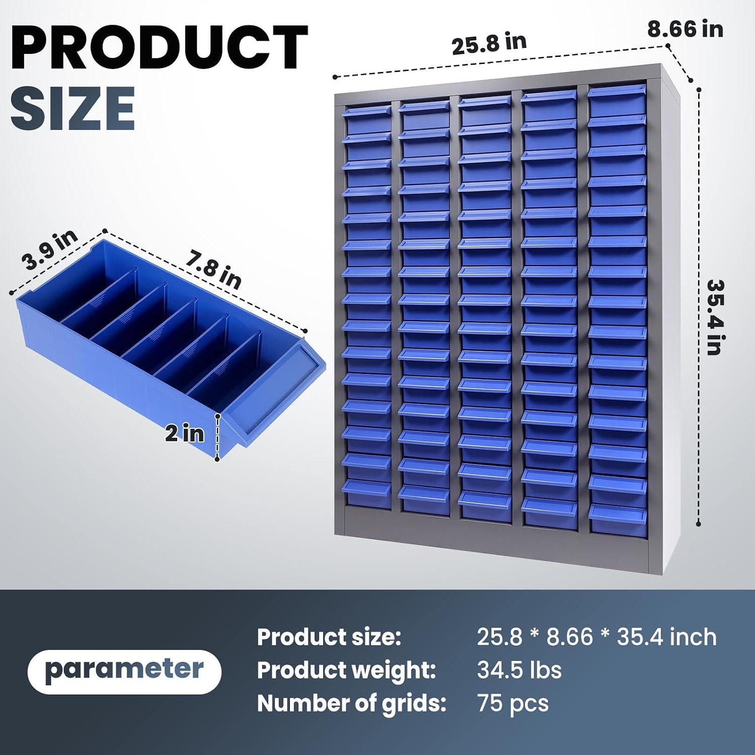 75 Drawers Parts Cabinet, (25.8'×8.66'×35.4') Nut and Bolt Organizer with Adjustable Dividers, Cold-Rolled Steel Frame & ABS Drawers, Label Slots, Tool Cabinet for Workshop, Garage, Office