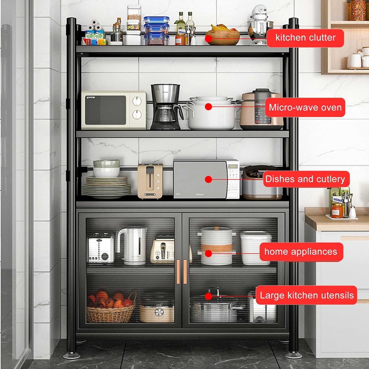 ,Height Adjustable Bakers Rack with Storage,Metal Microwave Oven Stand for Dining Room Living Room,Storage Shelf,Black-60x40x81cm