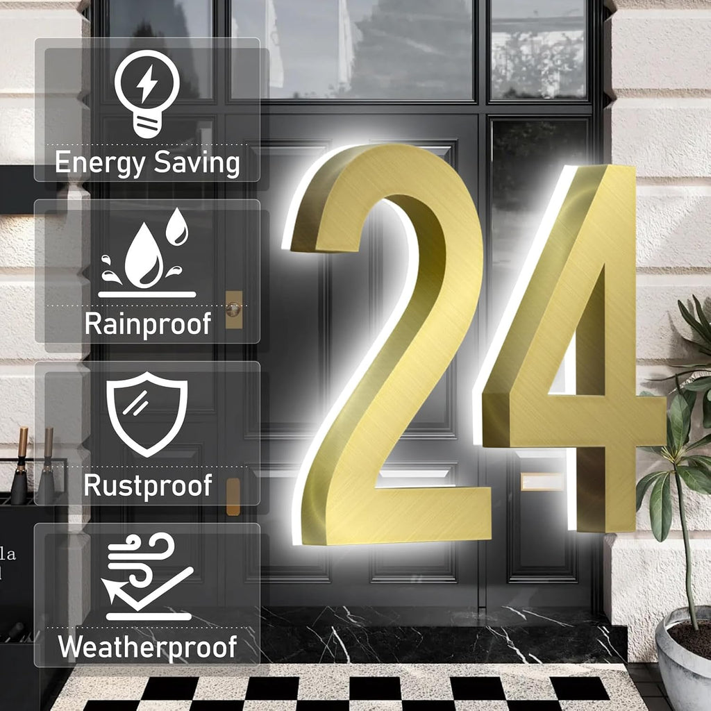 Backlit LED Illuminated Door Number, Gold Brushed Stainless Steel, LED Illuminated Home Address Number, Modern Lighted House Numbers.