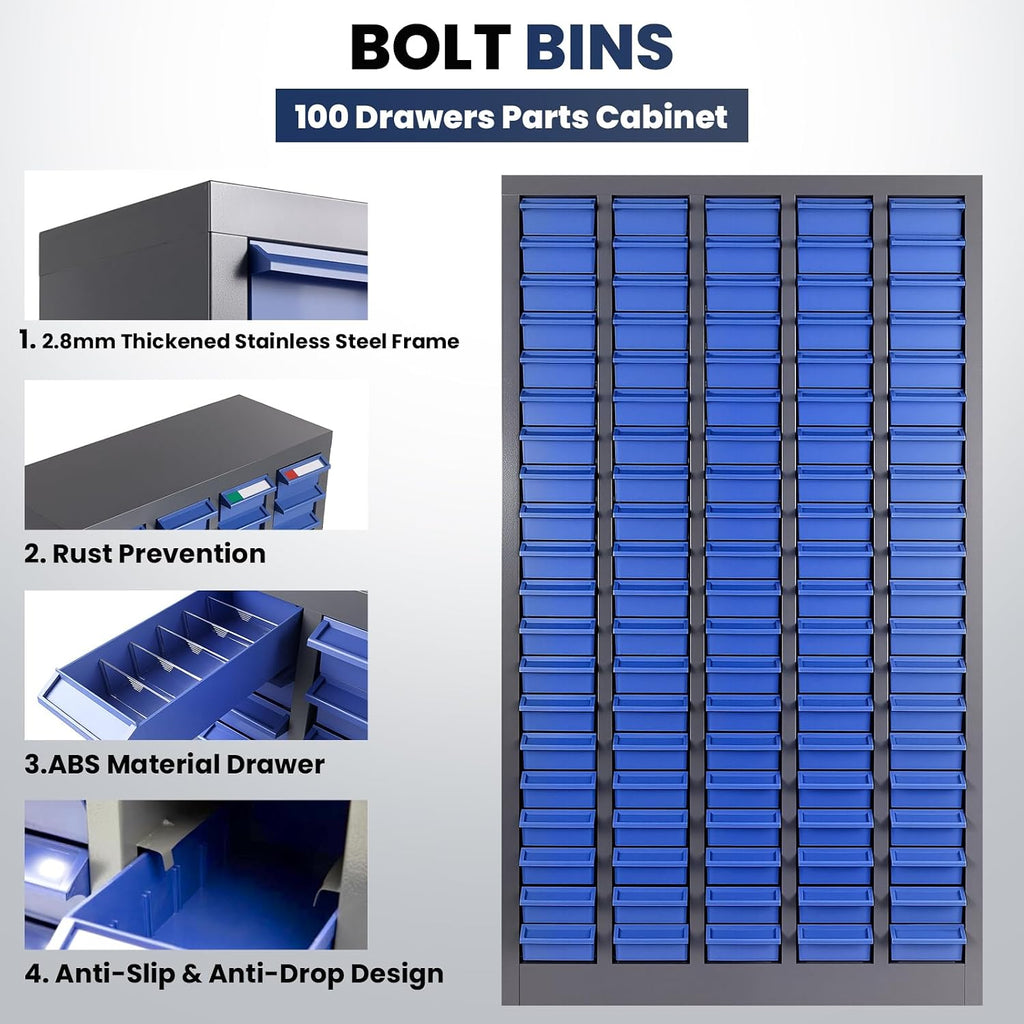 100 Drawers - Part Cabinet, Shelves & Label Stickers - Bolt and Nut Organizer Bolt Bin Cabinets, Durable Steel Tool Storage Cabinet for Garage/Workshop Small Parts/Hardware Organization