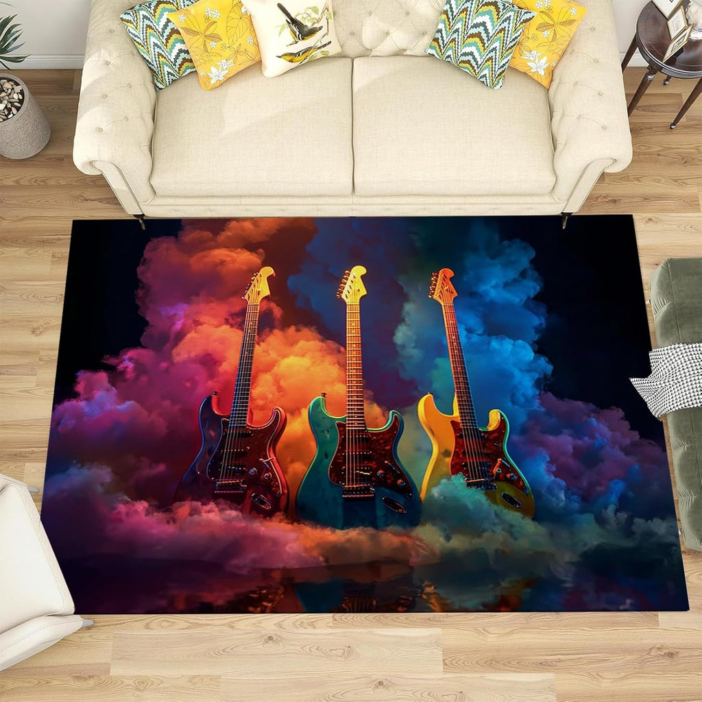 Area Rug 5' X 7' Washable Rugs Music Theme Area Rug Electric Guitar Smoke Soft Non-Slip Resistant Floor Carpets for Living Room Kids Room Home Office (Dark Blue)