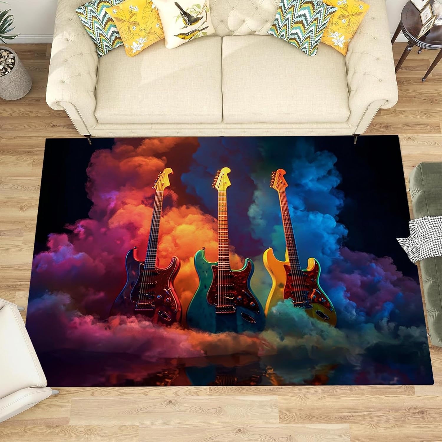 Area Rug 5' X 7' Washable Rugs Music Theme Area Rug Electric Guitar Smoke Soft Non-Slip Resistant Floor Carpets for Living Room Kids Room Home Office (Dark Blue)