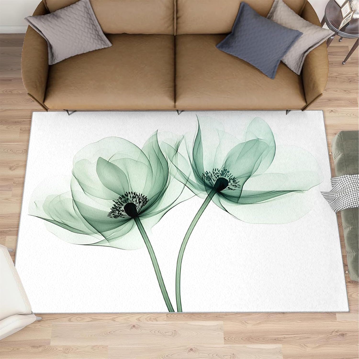 Transparent Floral Rugs for Bedroom - 6x8 Rug, X-Ray Flowers Area Rugs for Living Room, Green Flower Carpet, Creative Washable Area Mat, Aesthetic Carpet, Floral Home Decor & Gifts