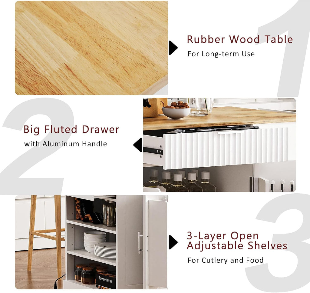 Modern Kitchen Storage Island with Trash Can Cabinet & Power Outlet, Rolling Kitchen Island Cart on Wheels with Open Side Shelves and Towel Rack, 53-Inch, White