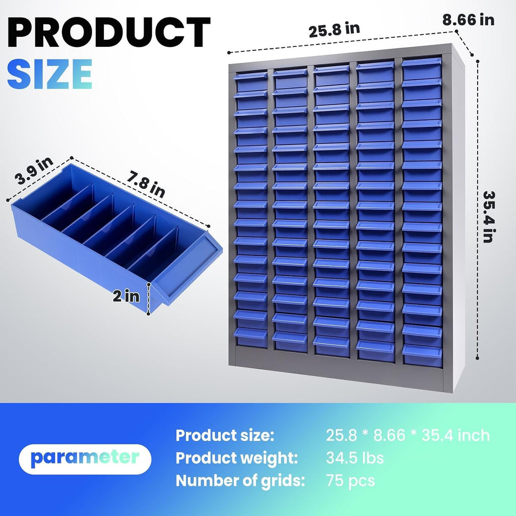 75 Drawers Versatile Parts Cabinet, Professional Nut and Bolt Organizer with Bolt Bins Storage System, Essential Hardware Organizer for Workshop, Garage & Home Studio