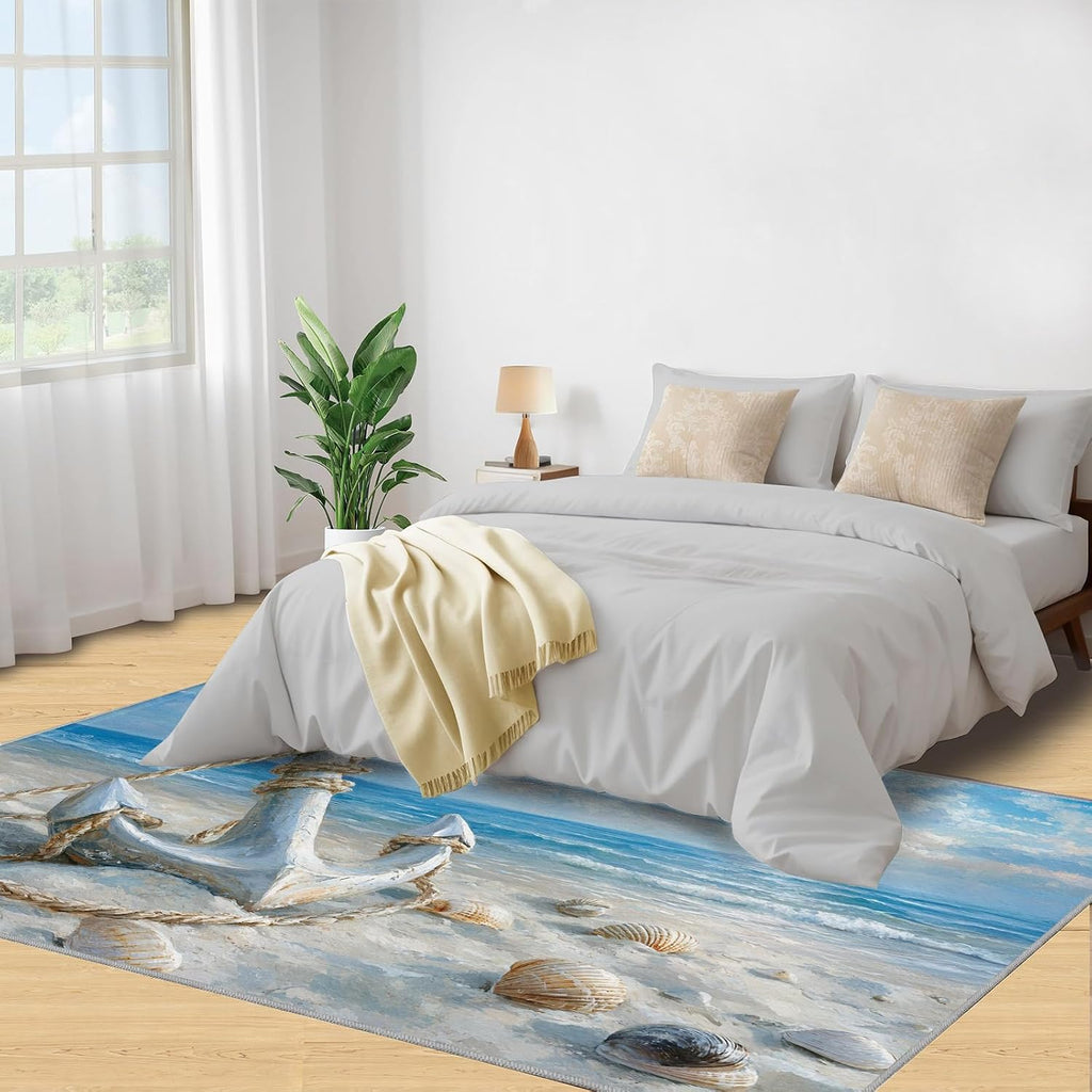 Beach Rug 6x8, Anchor Rugs for Bedroom, Nautical Theme Area Rug, Non Slip Washable Rugs for Living Room Farmhouse, Indoor Low Pile Decor Carpet