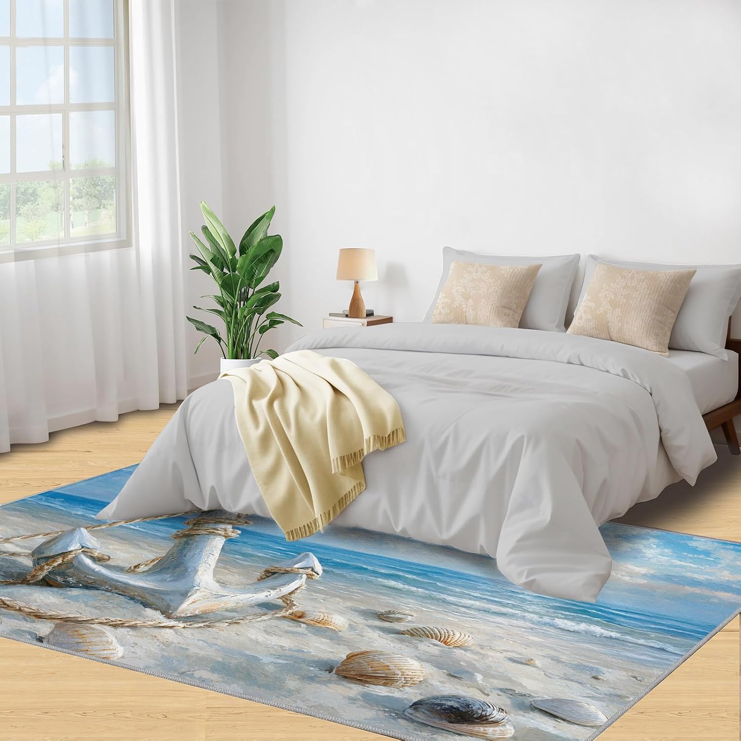 Beach Rug 6x8, Anchor Rugs for Bedroom, Nautical Theme Area Rug, Non Slip Washable Rugs for Living Room Farmhouse, Indoor Low Pile Decor Carpet