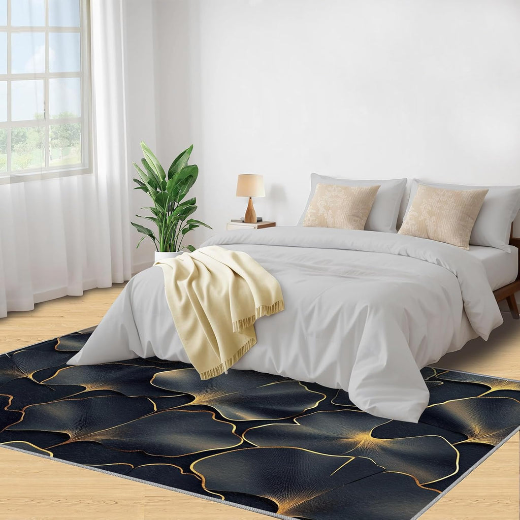 Ginkgo Leaves Rugs for Bedroom - 6x8 Rug, Black Gold Leaves Area Rugs for Living Room, Modern Luxury Carpet, Botanical Washable Area Mat, Plant Carpet, Ginkgo Leaf Home Decor & Gifts