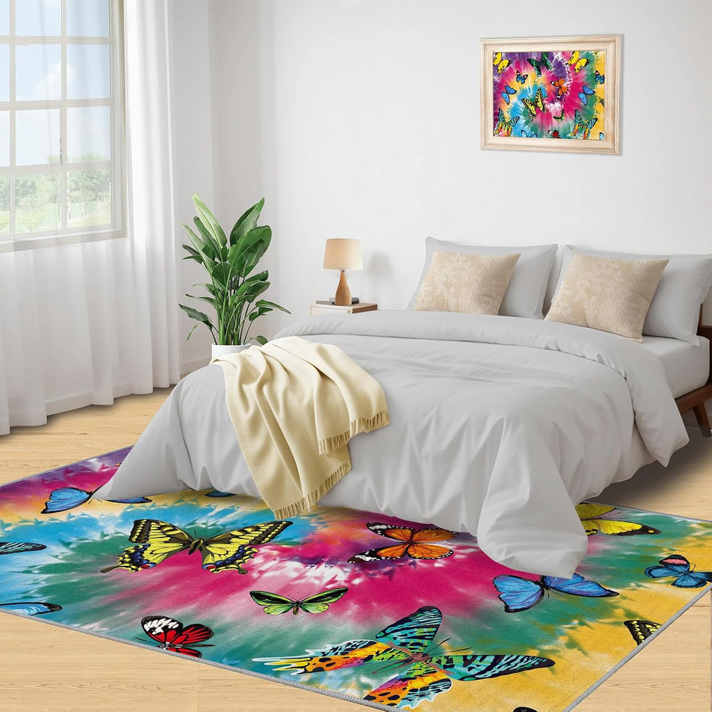 Flying Butterfly Girls Area Rug, Retro Flower Rugs for Living Room, Easy Clean Carpet Washable Indoor Non-Slip Rug for Boys and Girls Nursery Bed Living Room Carpets Nursery Decor,6 x 8ft