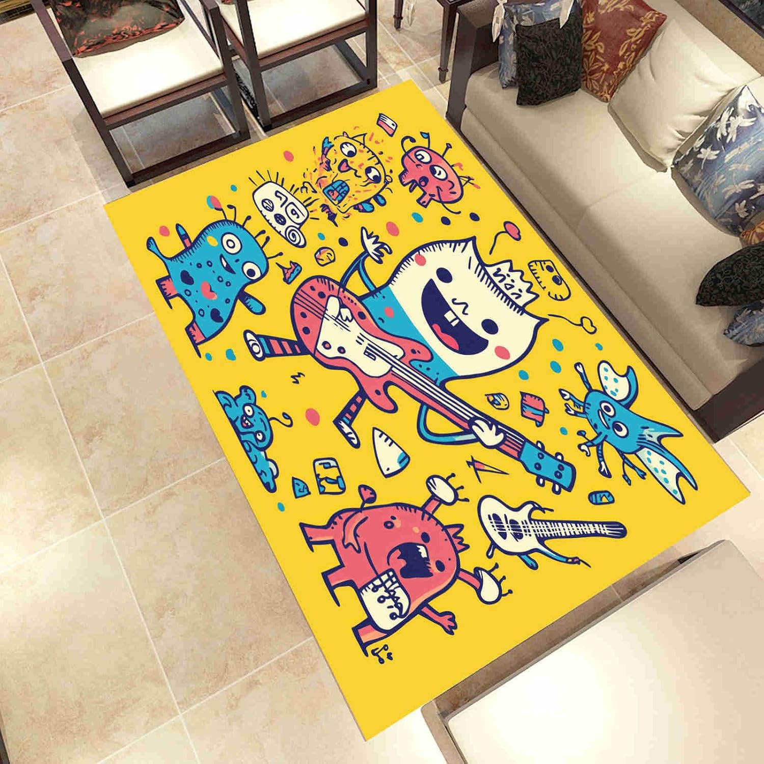 Cartoon Electric Guitar 5x7 Area Rugs Washable Graffiti Band Kids Rug for Bedroom Home Decor Carpet Anime Notes Rugs Indoor Non-Slip Low Pile Rug