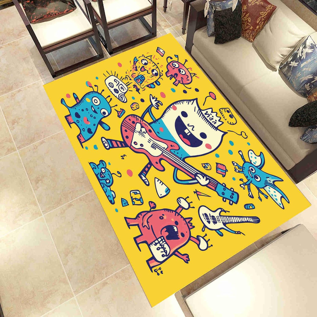 Cartoon Electric Guitar Washable Area Carpet 5x6ft Graffiti Band Living Room Rugs Non-Slip Rugs Anime Notes Bedroom Rug Decorative Carpet, for Dining Room Dormitory Washable Rug
