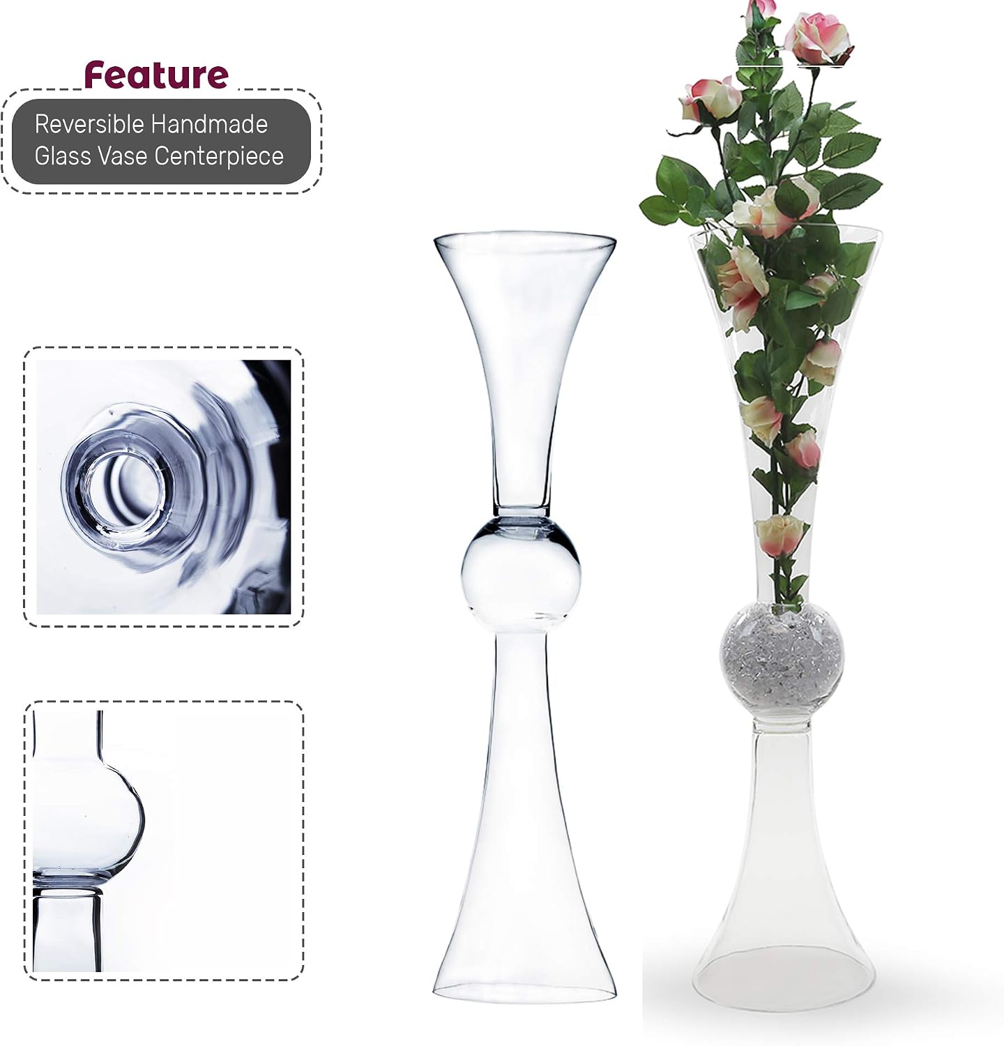WGV Tall Trumpet Vase Bulk, Open 7.5', Height 30', Base 7.5', (Multiple Size/Color Choices) Clear Reversible Latour Floral Wedding Centerpiece Home Event Decor, 2 Pieces (VTV2130)