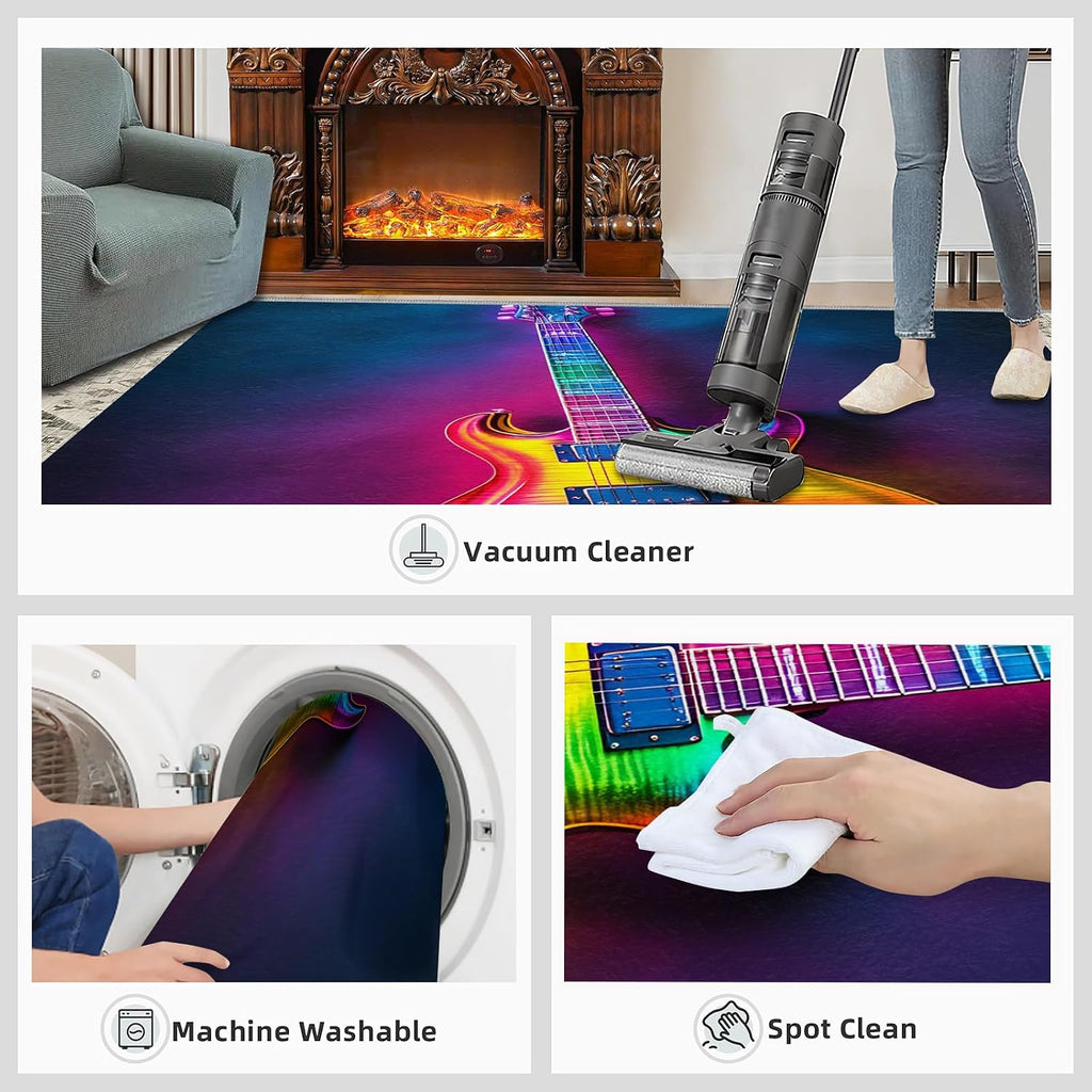 Guitar Rug 6x8, Neon Guitar Rugs for Bedroom, Music Rugs for Living Room, Washable Area Rug for Boys Girls Room, Non Slip & Low Pile Carpet