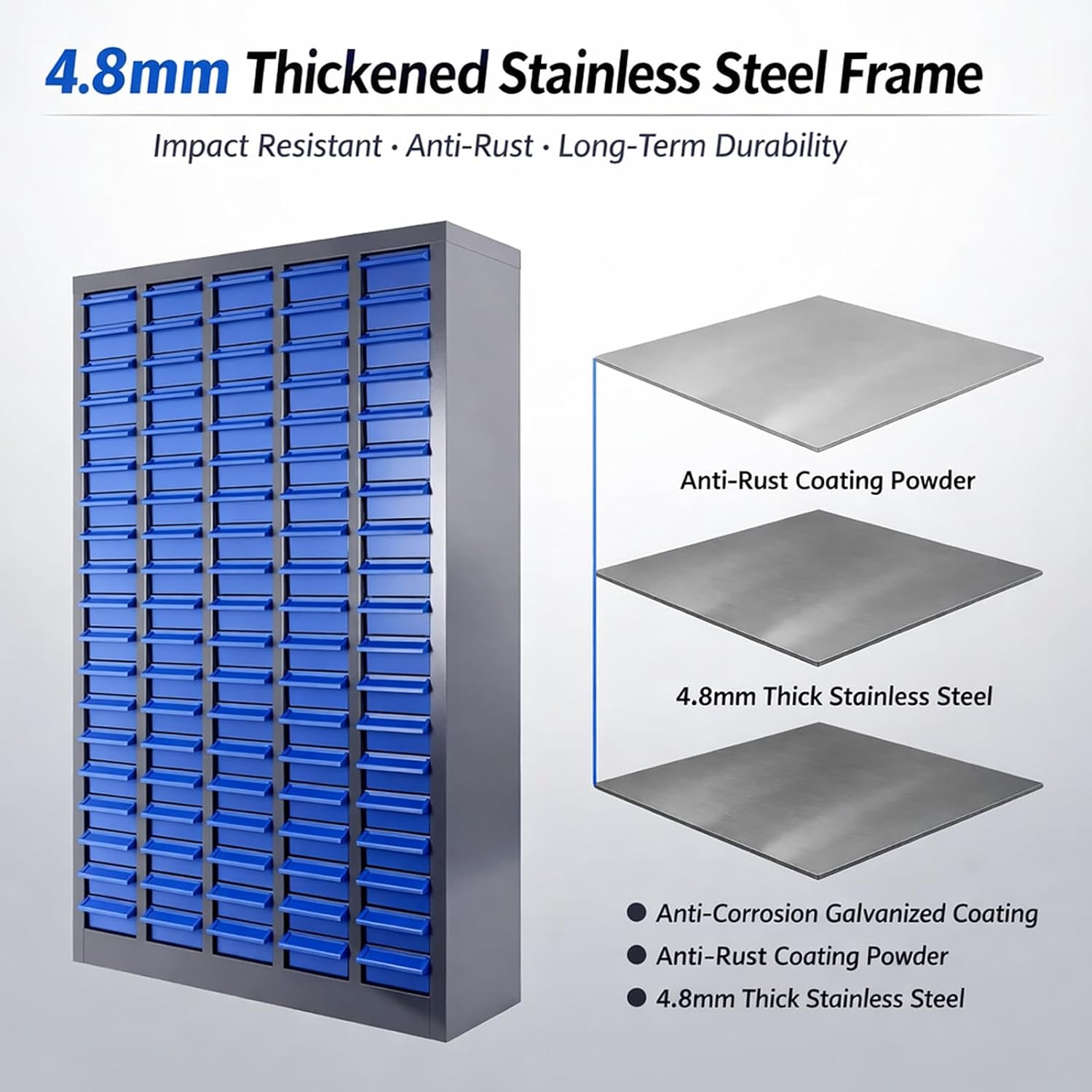 100 Drawers Parts Cabinet, Alloy Steel Tool Storage with Dividers, Nut and Bolt Organizer 25.8''L× 8.66''W×46''H, 44.5lbs Capacity for Tool Harware and Workshop, Blue
