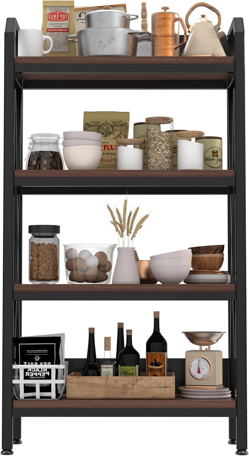 Stylish 4-Tier Baker's Rack with Wood Shelves and Metal Frame for Kitchen Pantry Organization, Garage, Bathroom or Closet Storage