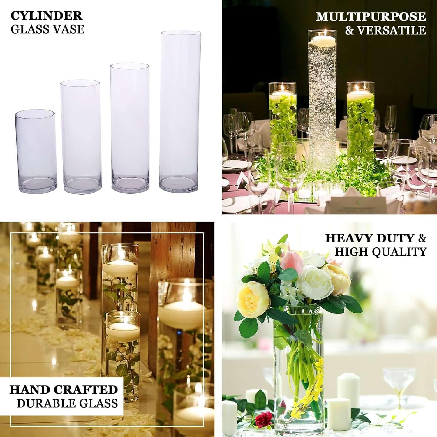 Efavormart 12 Pack | 10' Round Heavy Duty Clear Cylinder Glass Vases, Tall Flower Vase