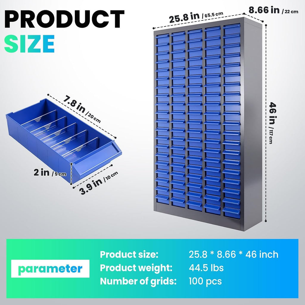 Parts Cabinet-100 Drawers ABS Material & Alloy Steel Nuts and Bolts Organizers and Storage, Shelves with Label Stickers Parts Organizer for Small Items Hardware Organization Tool Storage Cabinet