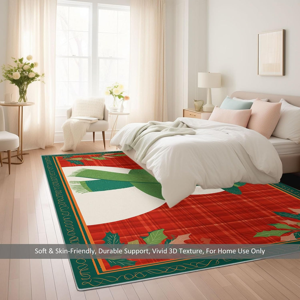 Washable Area Rug 5 x 7 ft, Cartoon Plants Leaves Snowman Soft Print Kids Area Rugs for Living Room - Non-Slip Stain Resistance Red Indoor Carpet for Bedroom Kid Nursery Playroom