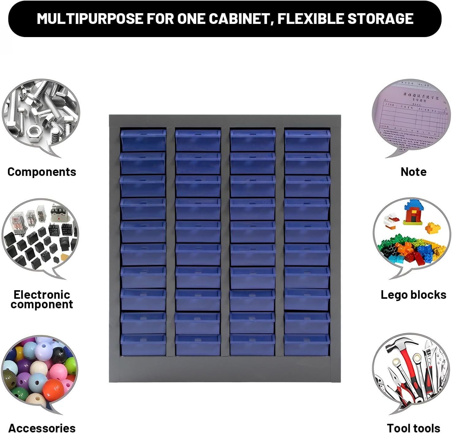 Bolt and Nut Tool Storage Cabinet 40 Drawers Parts Cabinets with ABS Material Drawer for Tool Organization Shelves Hardware and Office Supplies, Grey