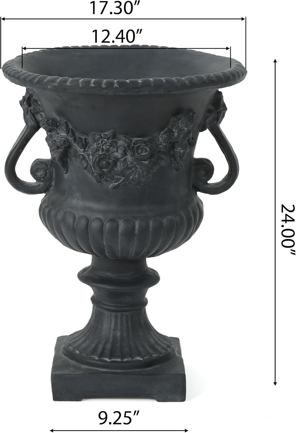 Antique Black Magnesium Oxide Urn Planter, Elegant Decorative Outdoor Garden Patio or Indoor Vase, Ready to Use, 17.3L x 17.3W x 24H Inches