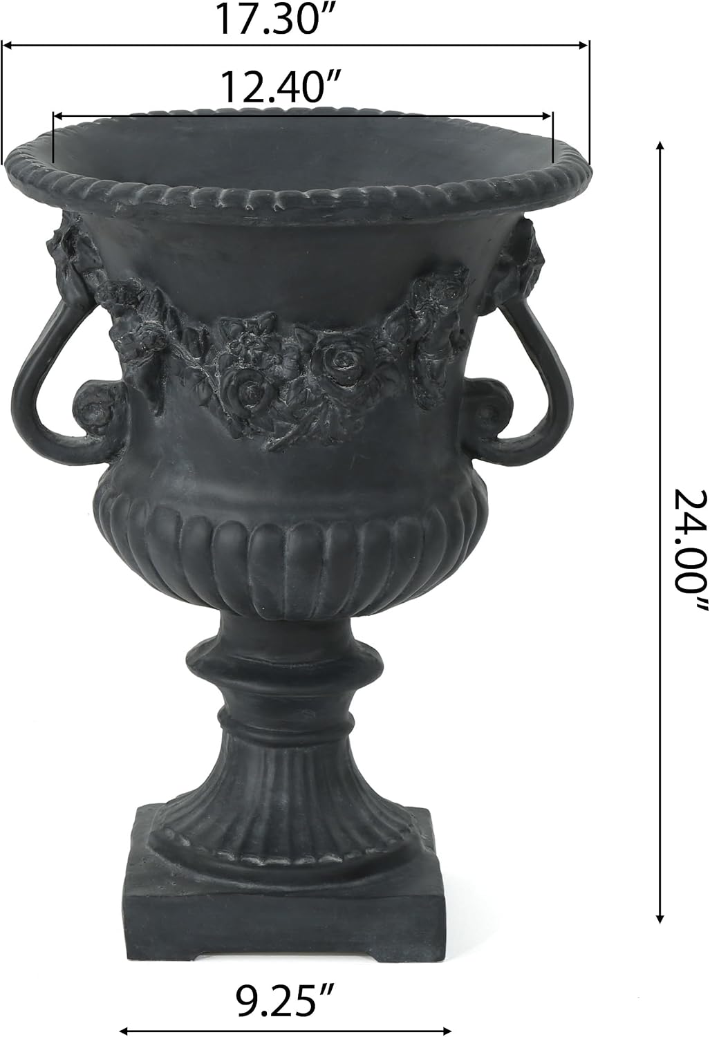 Antique Black Magnesium Oxide Urn Planter, Elegant Decorative Outdoor Garden Patio or Indoor Vase, Ready to Use, 17.3L x 17.3W x 24H Inches
