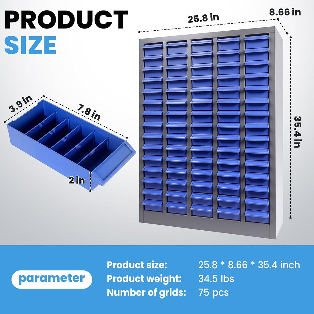 75 Drawer Parts Cabinet 26'X 9'X 36', Multi-Purpose Nut and Bolt Organizer with ABS Drawers, High Capacity Tool Storage Bolt Bin with Dividers and Labels for Workshop & Home Garage