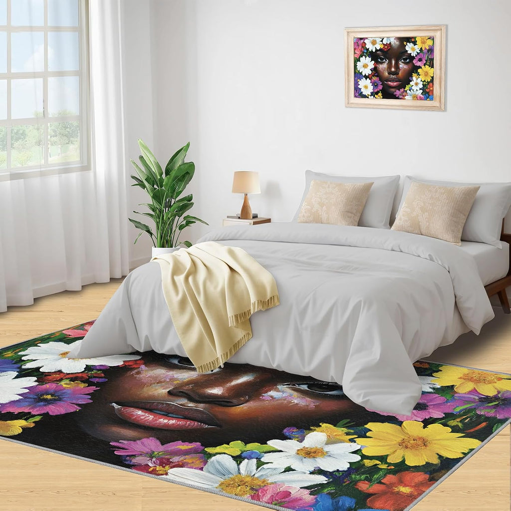 African American Rug 6x8-6x8 Rug, Afro Black Girl Washable Rugs for Living Room, Watercolor Carpet, Afro Girl Non-Slip Area Rugs for Bedroom, Floral Carpet, African Woman Home Decor