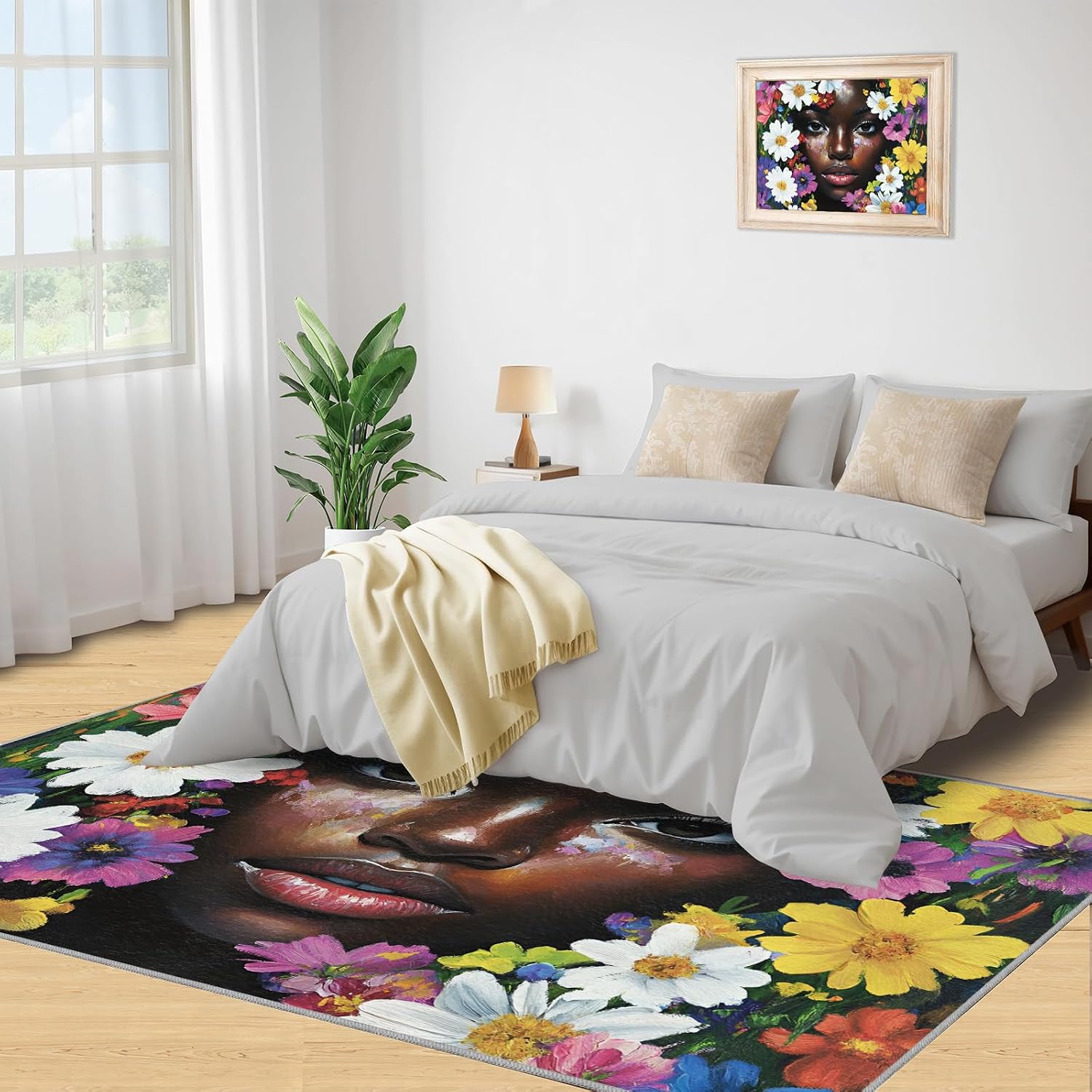 African American Rug 6x8-6x8 Rug, Afro Black Girl Washable Rugs for Living Room, Watercolor Carpet, Afro Girl Non-Slip Area Rugs for Bedroom, Floral Carpet, African Woman Home Decor