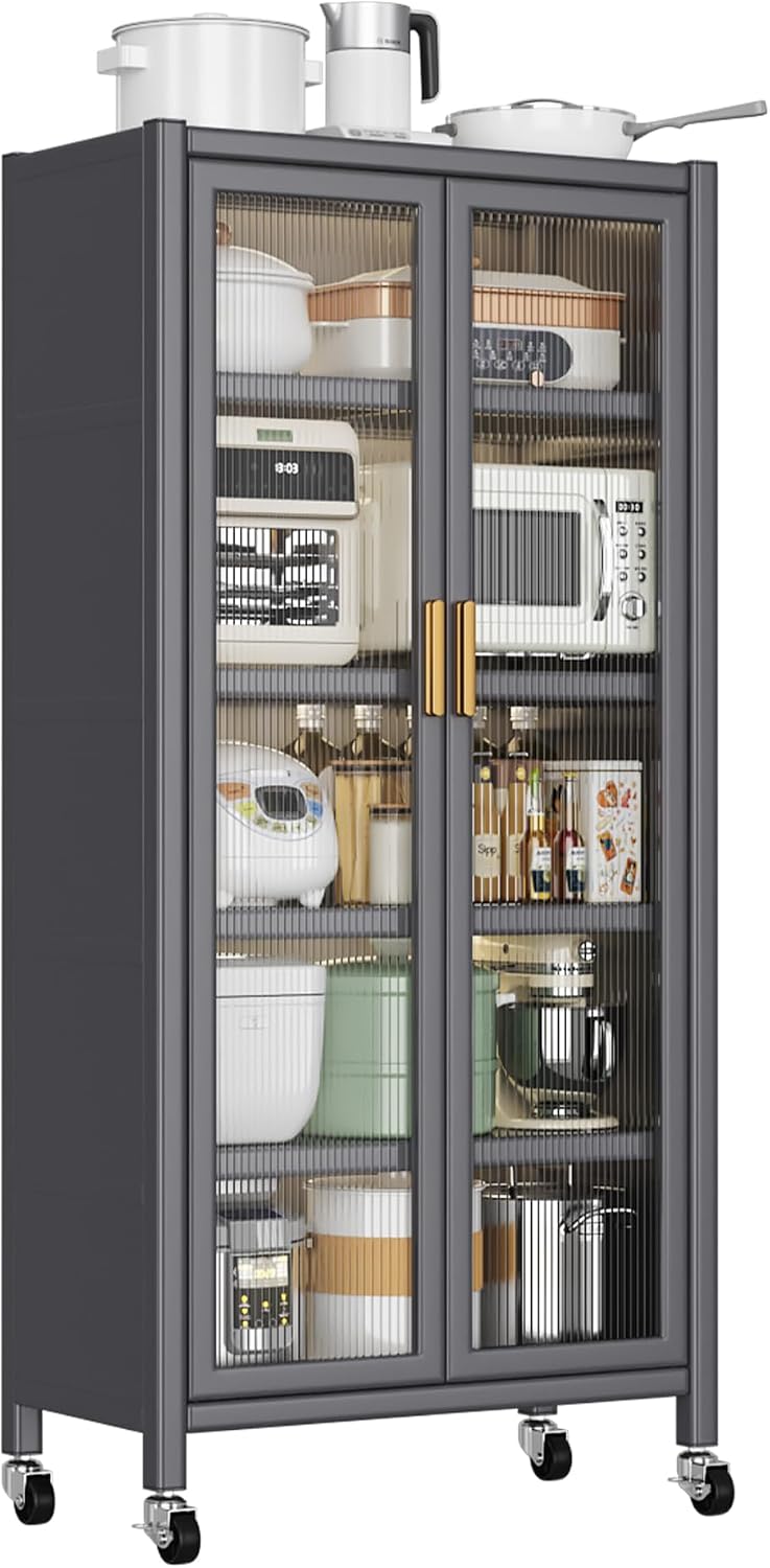 65-Inch Tall Kitchen Bakers Rack with Flip Door Cabinet, 5-Tier Microwave Stand and Coffee Bar, Pantry Storage with Pegboard Hooks, Quick Assembly, White,GreyMetalAmericanDes