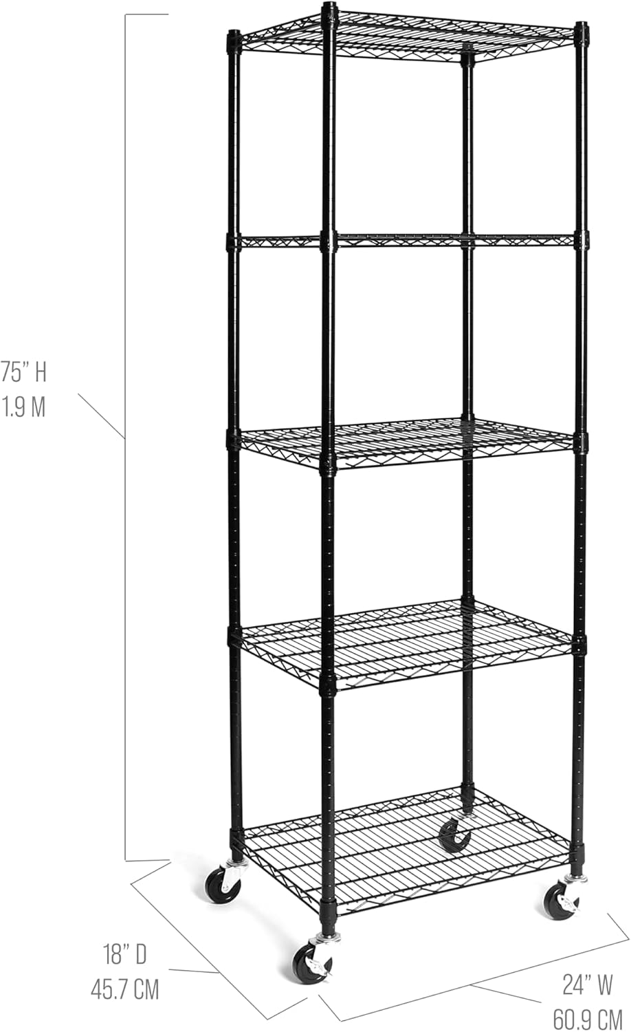 Seville Classics UltraDurable Heavy Duty NSF Solid Steel Wire Rack Storage Unit, Organizer for Garage, Warehouse, Office, Restaurant, Classroom, Kitchen, Black, 5-Tier Shelving, 24' W x 18' D