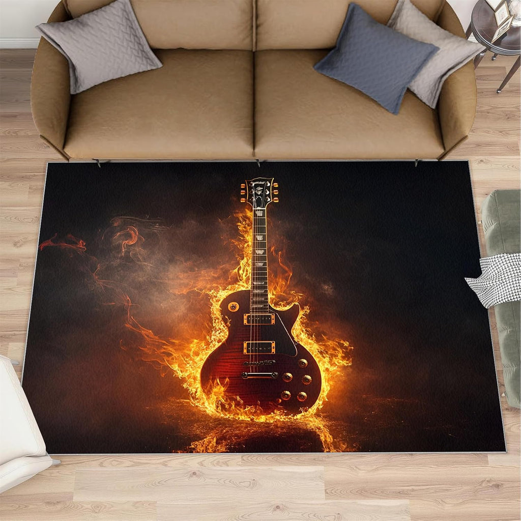 8x10 Electric Guitar Rugs for Living Room - Flaming Guitar Large Area Rug, Rock Art Modern Boy Nursery Rug Soft Washable for Classroom Office Bedroom Kids Room