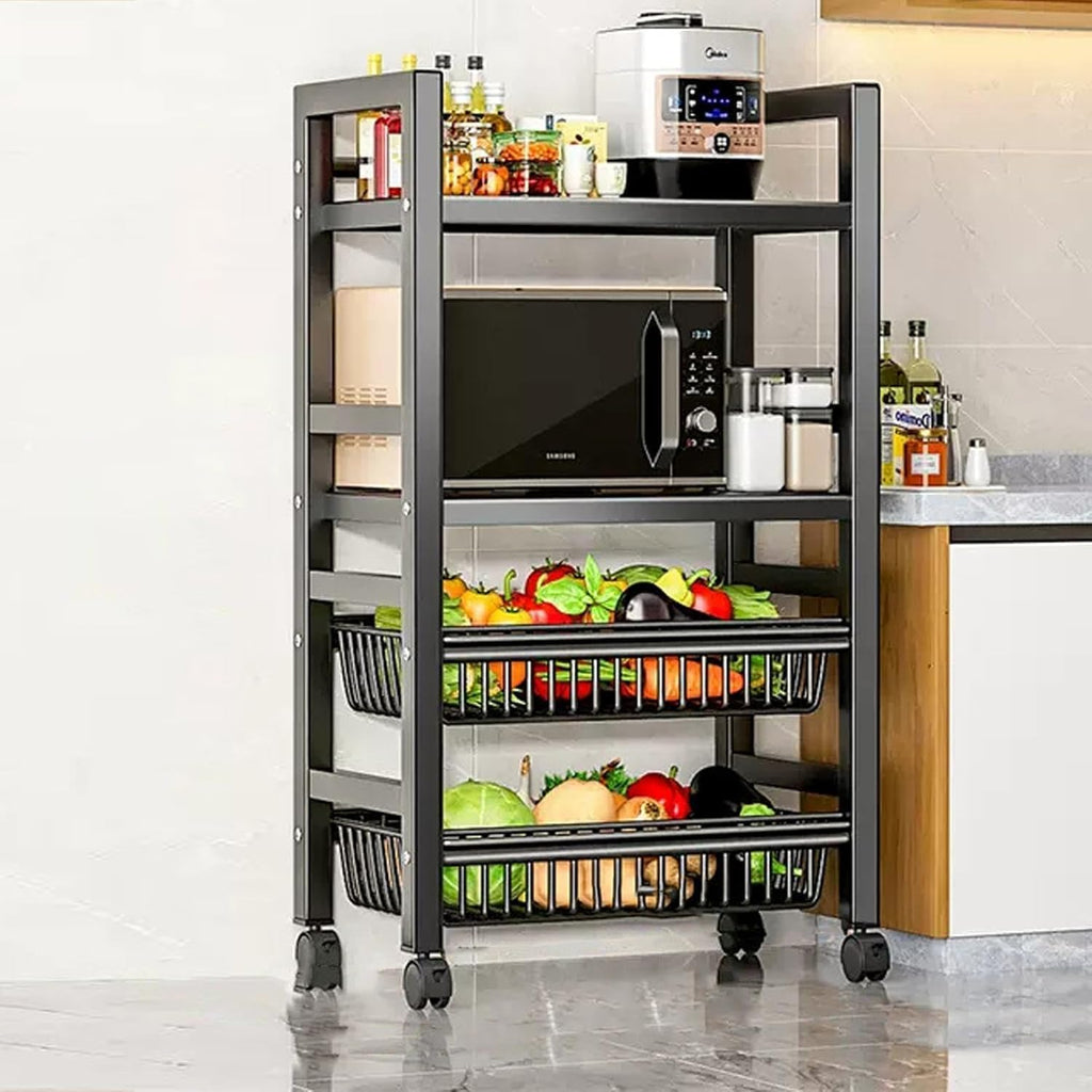Heavy Duty Rolling Kitchen Microwave CartVersatile Bakers Rack with Storage Metal Shelves & WheelsIdeal for Living Room Dining Room & Coffee BarFruit & Vegetable Basket Included